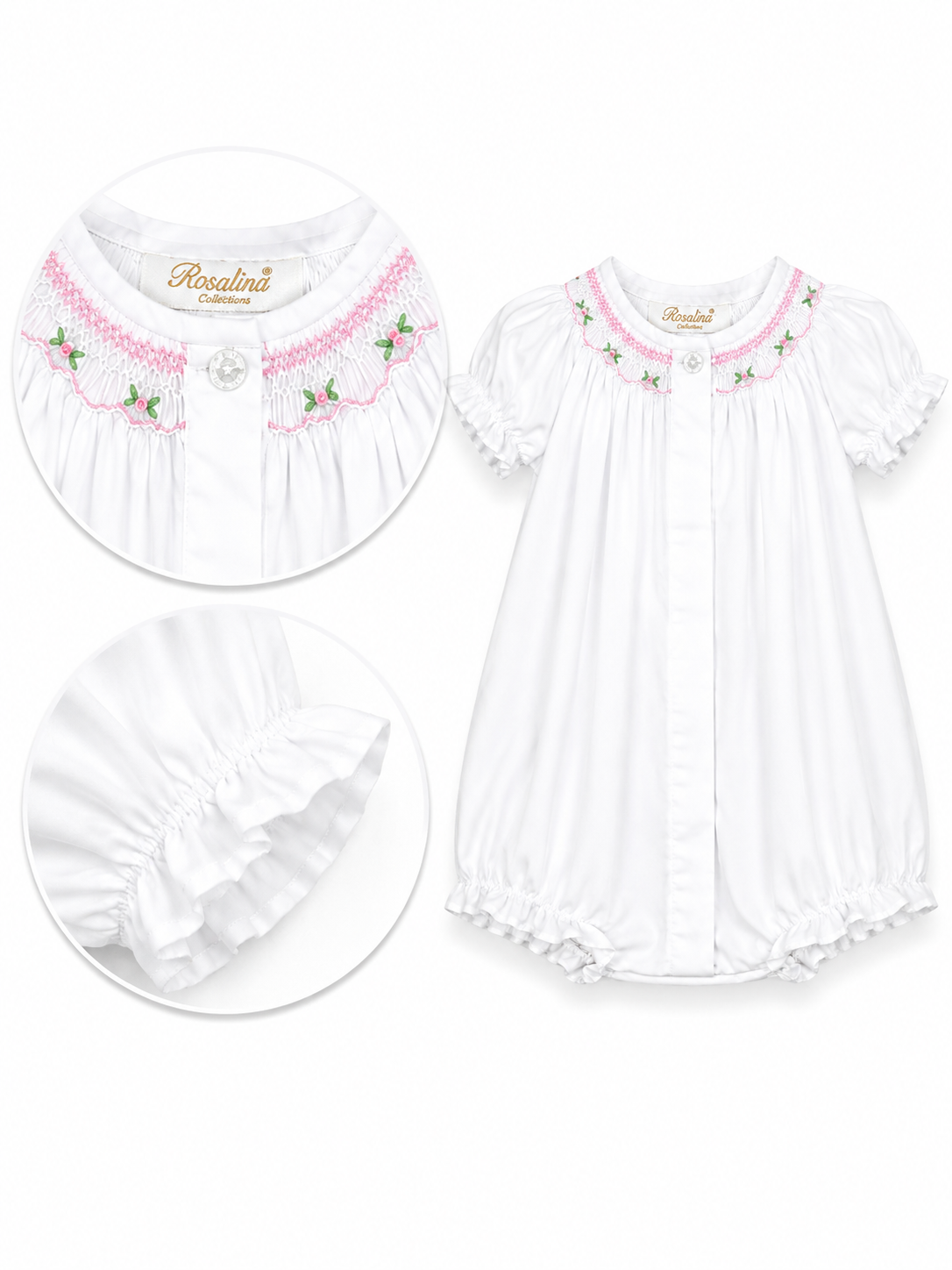 White Pink Floral Smocked Baby Bubble 10114BUG