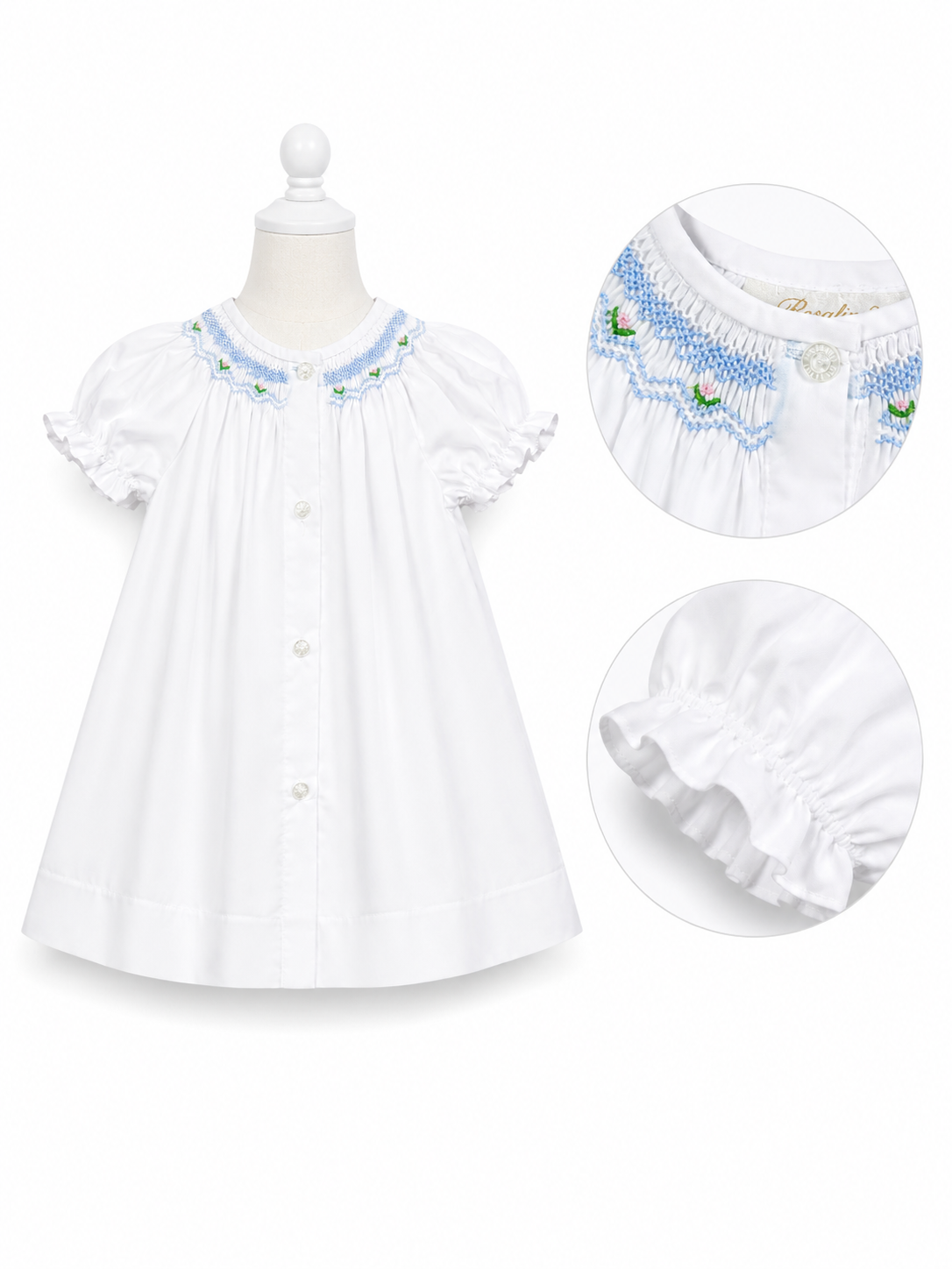 Blue Floral Smocked White Button-Front Bishop Dress 10115DGG