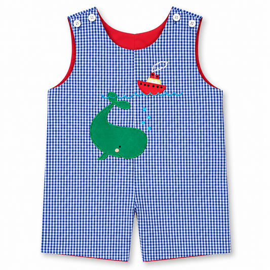 Green Whale Royal Blue Gingham Reversible Romper