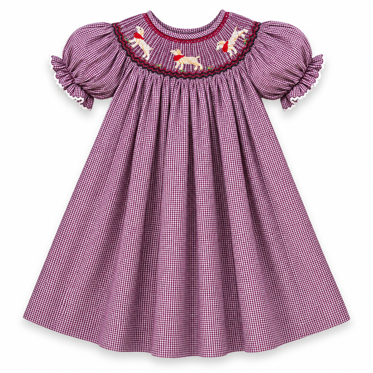 Lovable Labs Maroon White Gingham Smocked Bishop w/RicRac
