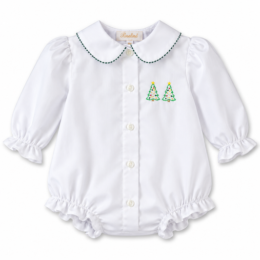 Christmas Trees Shadow Embroidered White Long Sleeve Girl Bubble