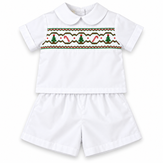 Christmas Trees & Candy Canes White Smocked Short Set
