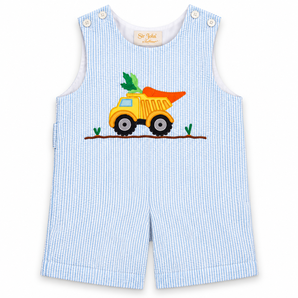 Carrot Truck Applique Blue Striped Seersucker Romper