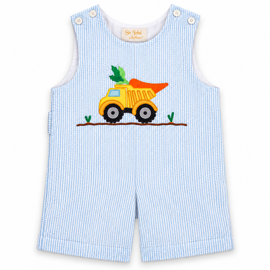 Carrot Truck Applique Blue Striped Seersucker Romper
