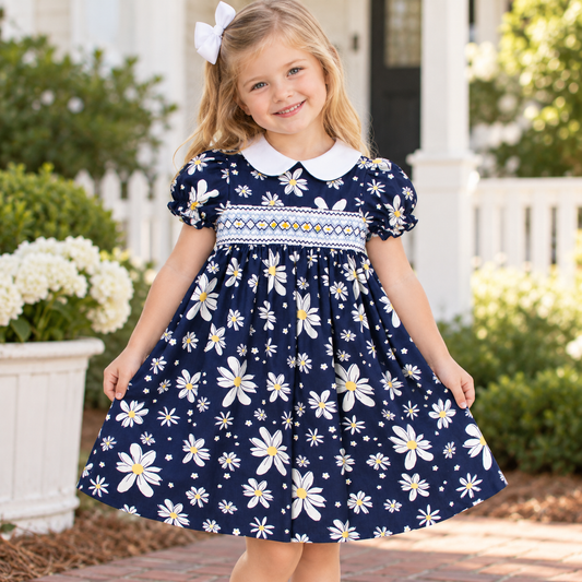 Navy Blue Floral English Smocked 100% Cotton Baby Dress