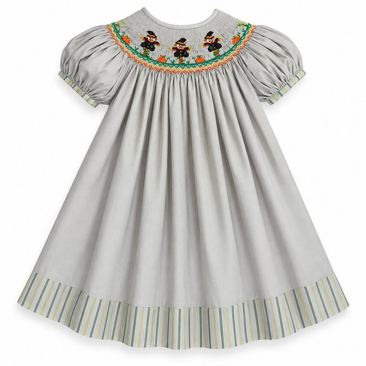 Scarecrows Grey Khaki Smocked Bishop with Striped Hem and Cap Sleeves