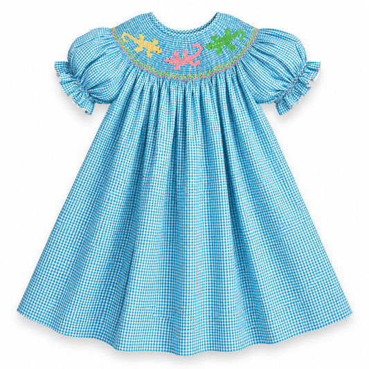 Gecko Turquoise Seersucker Gingham Smocked Bishop