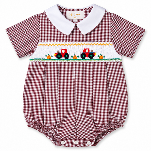 Autumn Tractor Brown Gingham Smocked Boy Bubble