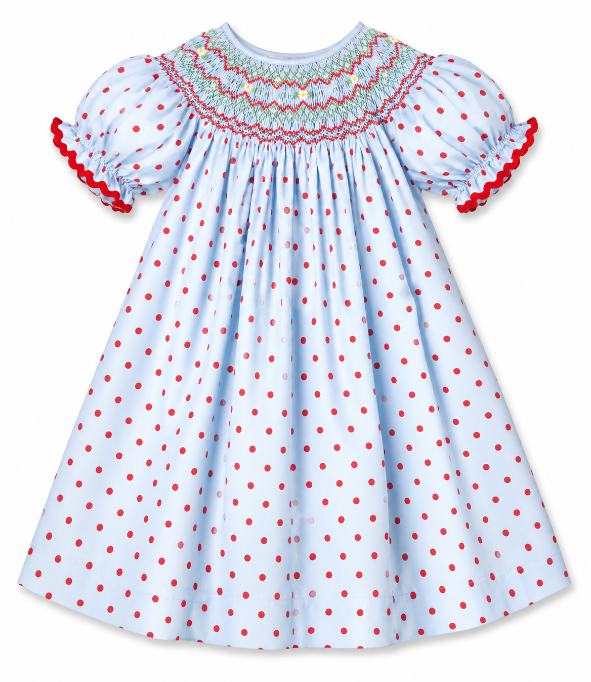 Medium Blue & Red Polkadot English Smocked Bishop w/RicRac