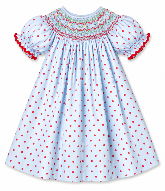 Medium Blue & Red Polkadot English Smocked Bishop w/RicRac