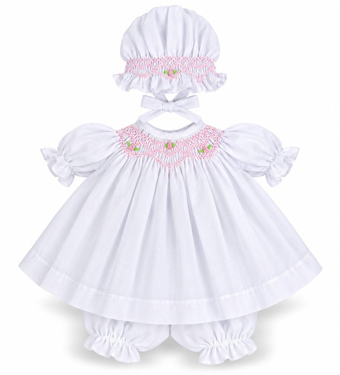 White with Pink Roselle Smocked Doll Dress w/opt. Bonnet