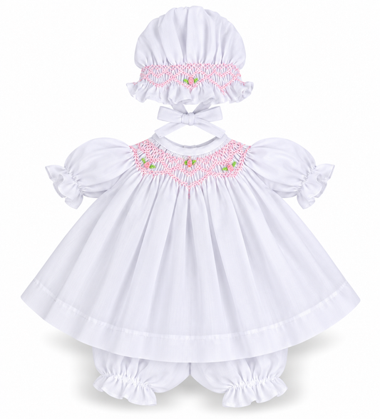White with Pink Roselle Smocked Doll Dress w/opt. Bonnet