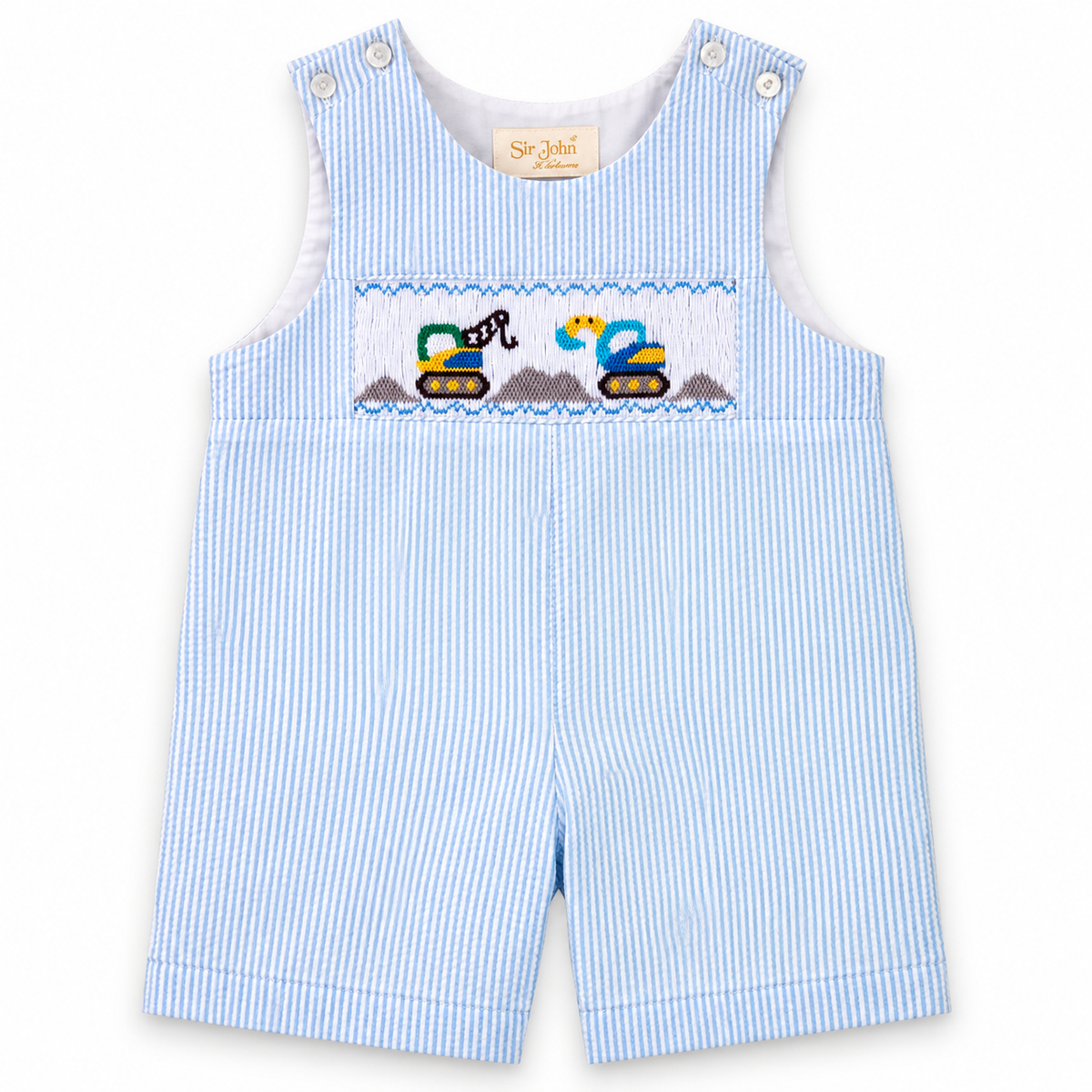 Heavy Equipment Blue Striped Seersucker Smocked Romper