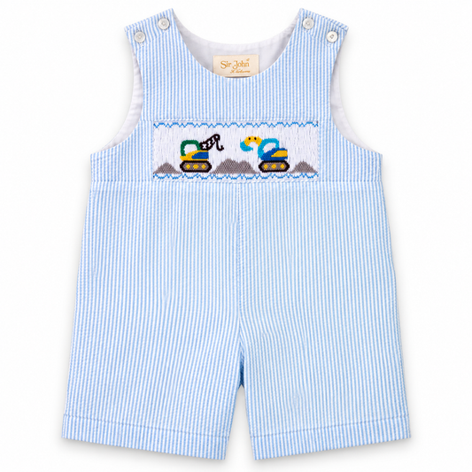 Heavy Equipment Blue Striped Seersucker Smocked Romper