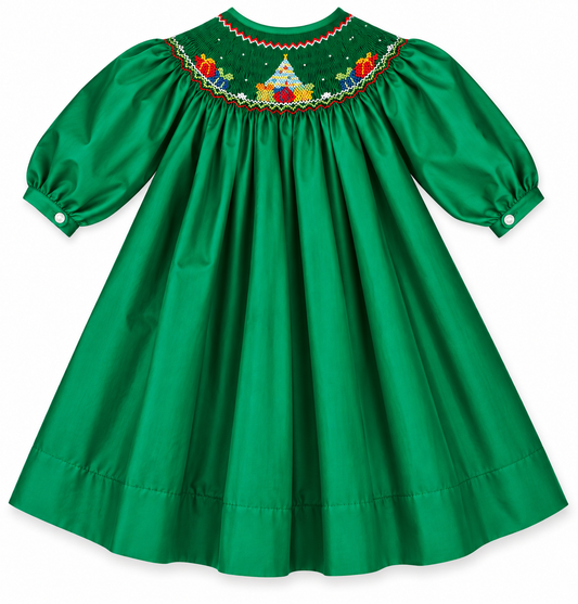 Christmas Tree w/Presents Smocked Green Bishop 3/4 Cap Sleeves