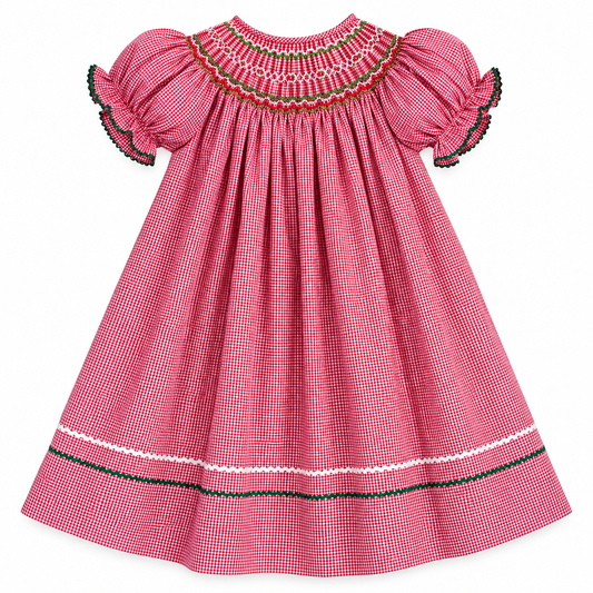 Jesse Red Gingham English Smocked Bishop w/RicRac