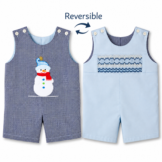 Snowman Medium Blue English Smocked Reversible Romper