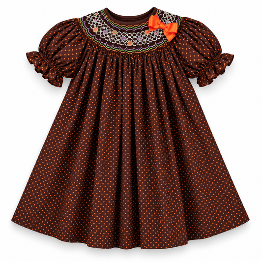 Orange Polkadot Brown English Smocked Bishop with Removable Bow