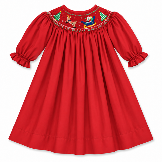Santa Sleigh & Rudolph Reindeer Red Smocked 3/4 Sleeve Bishop