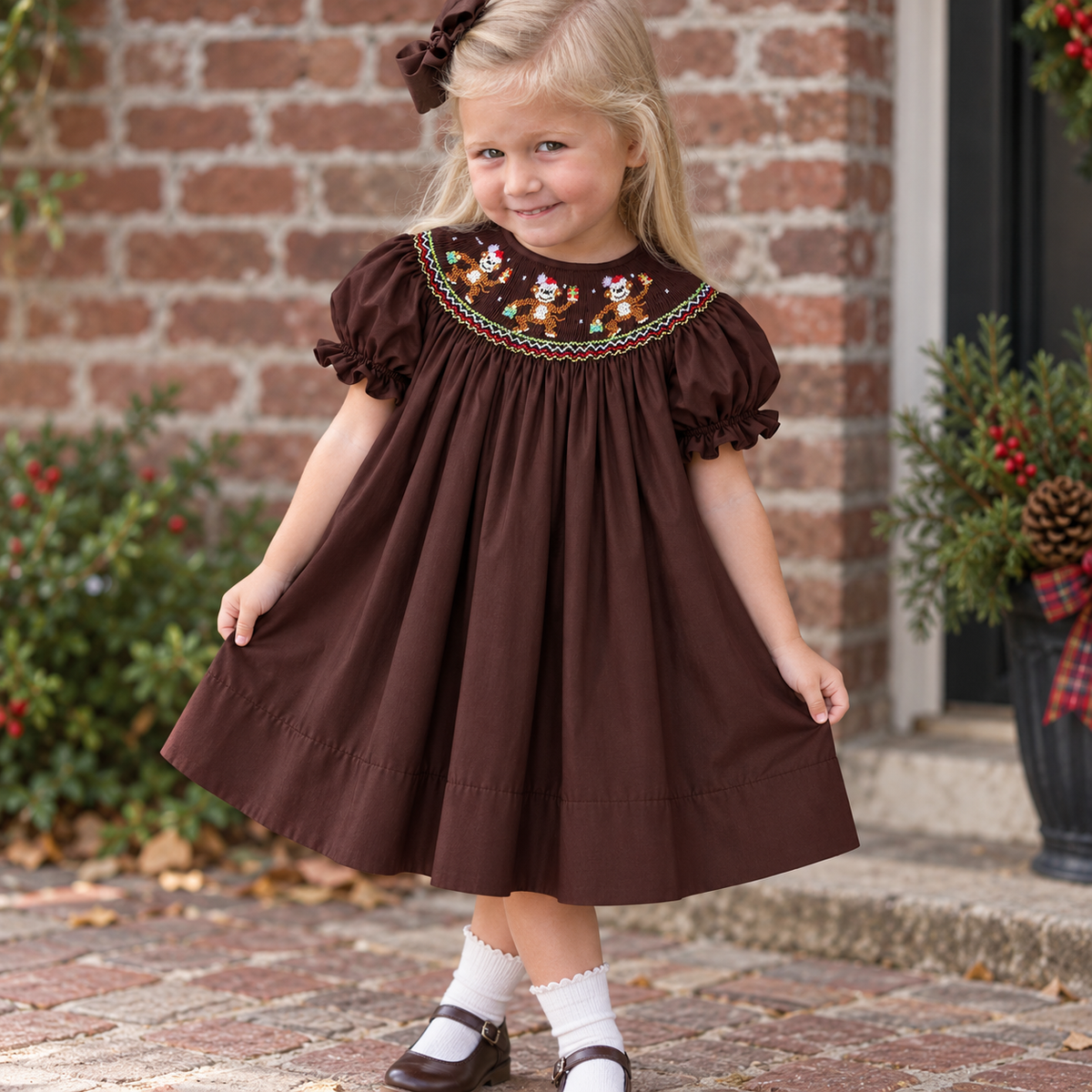 Christmas Monkeys Dark Brown Smocked Bishop