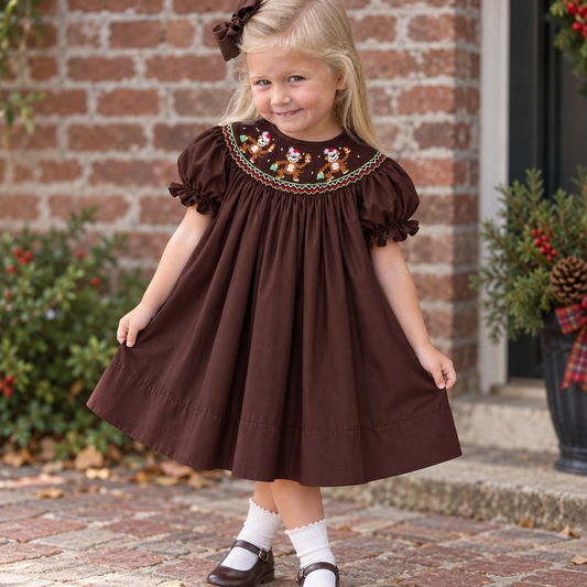 Christmas Monkeys Dark Brown Smocked Bishop