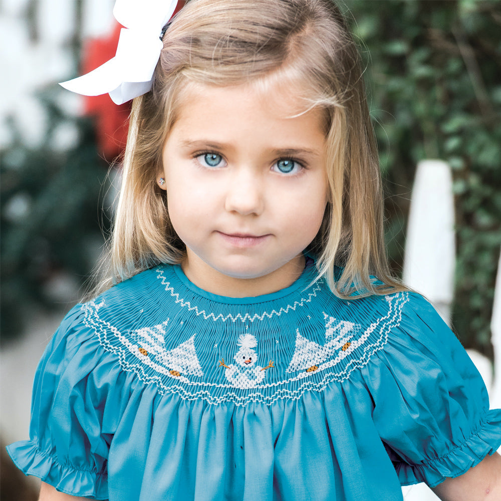Wonderland Snowman Winter Blue Smocked Bishop