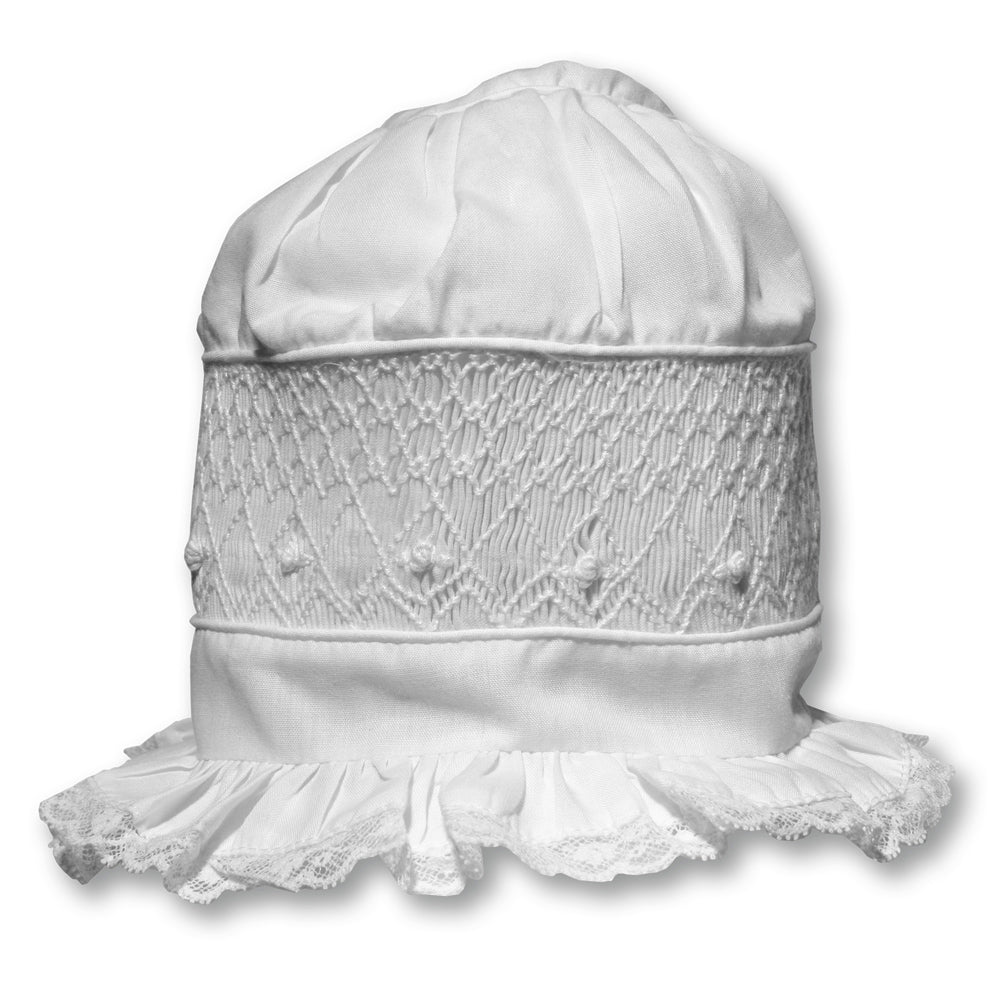 White Bonnet with White Geometric Smocking & Lace 1245 BB