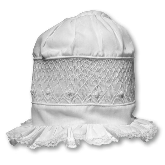 White Bonnet with White Geometric Smocking & Lace 1245 BB
