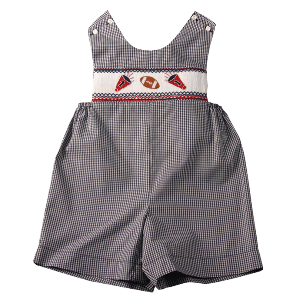 Football Cheer Navy Blue Gingham Smocked Romper 05F 2065 R