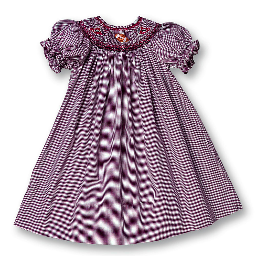 Football Maroon & White Gingham Smocked Bishop 12F 2067 A