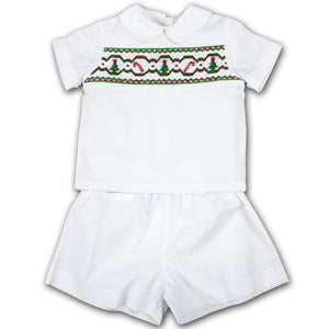 Christmas Trees & Candy Canes White Smocked Short Set 07H 2549 SS