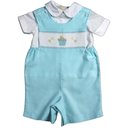 Birthday Cupcake Party Smocked Aqua Blue Romper 08SS 2746 R