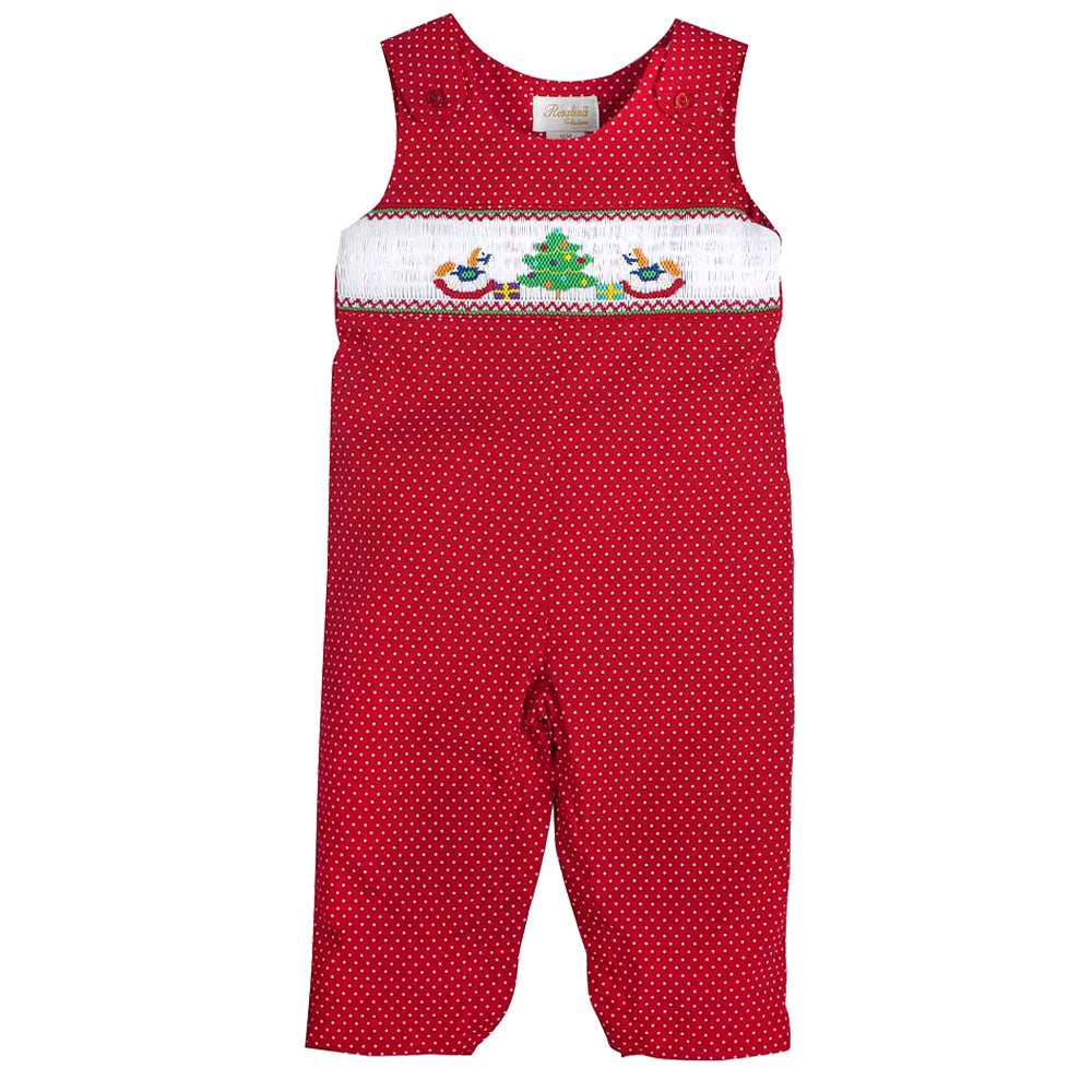 Christmas Tree Rocking Horses Red Polkadot Smocked Girl Kicker 09H 3210 K