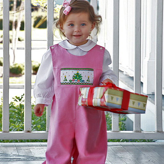 Christmas Tree Presents Pink Corduroy Smocked Knicker 10H 3476 K