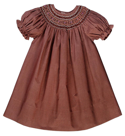 Girl Brown Gingham English Smocked Bishop 10F 3477A