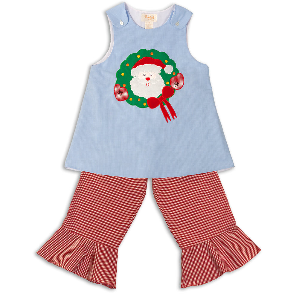 Santa Wreath Tiny Blue Gingham Aline & Reg Red Gingham Pants Set 12H 4435 B