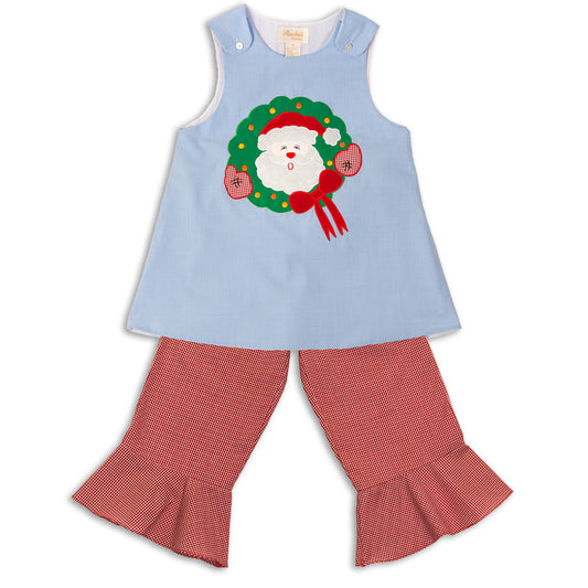 Santa Wreath Tiny Blue Gingham Aline & Reg Red Gingham Pants Set 12H 4435 B