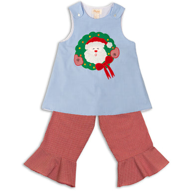 Santa Wreath Tiny Blue Gingham Aline & Reg Red Gingham Pants Set 12H 4435 B