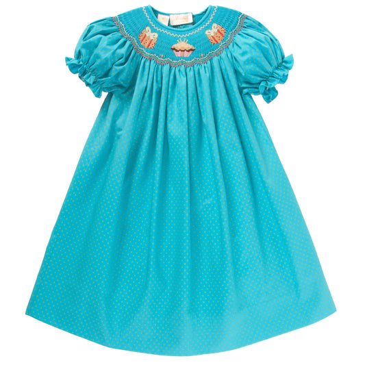 Birthday Cupcake & Presents Turquoise and Green Dotty Smocked Bishop 13F 4783 A