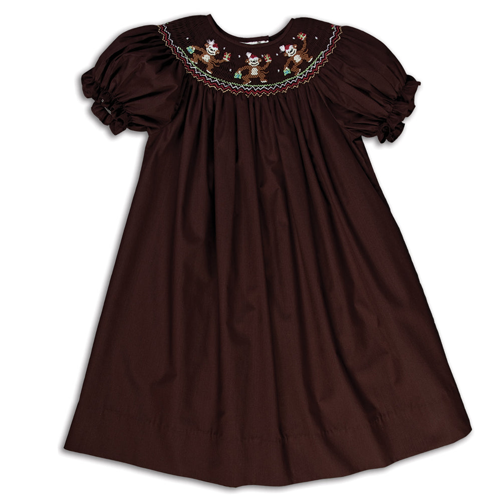 Christmas Monkeys Dark Brown Smocked Bishop 14H 5126 A