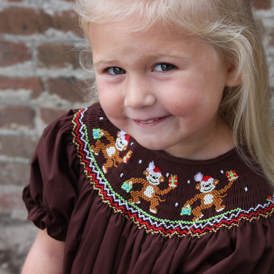 Christmas Monkeys Dark Brown Smocked Bishop 14H 5126 A