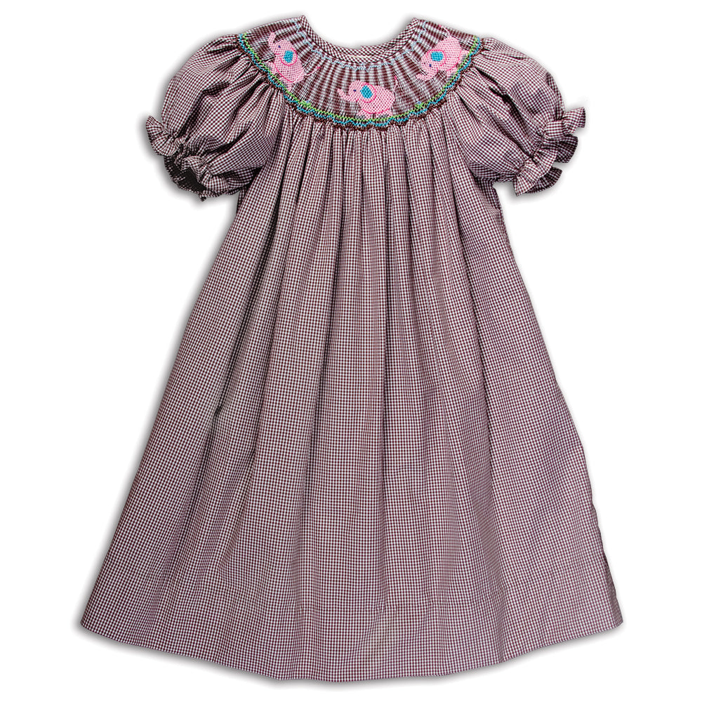 Pink Elephants Dark Brown Gingham Smocked Bishop 14F 5151 A