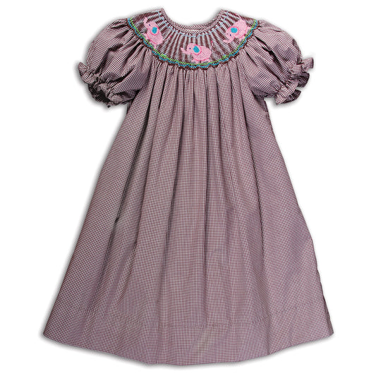 Pink Elephants Dark Brown Gingham Smocked Bishop 14F 5151 A
