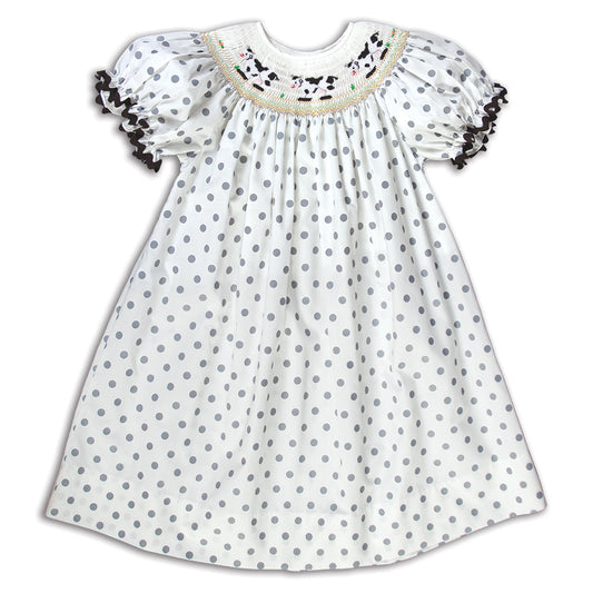 Cows White & Grey Polka Dot Smocked Bishop with RicRac 14F 5171 A