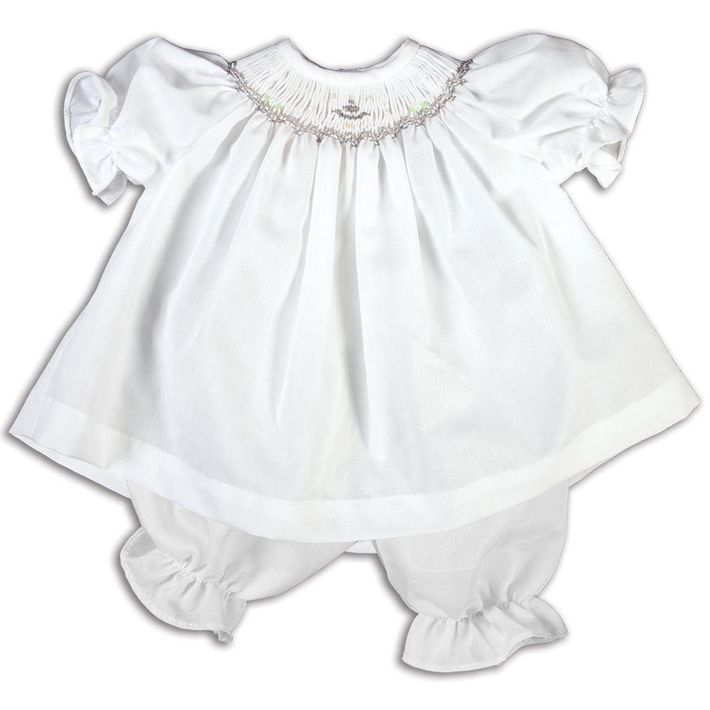 Grey Snowy Tree White Smocked Doll Dress 14H 5173 DD GRY
