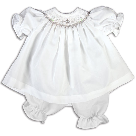 Grey Snowy Tree White Smocked Doll Dress 14H 5173 DD GRY