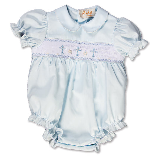 Three Crosses Light Blue Smocked Girl Bubble 15SP AYR 5471 BUG LBL