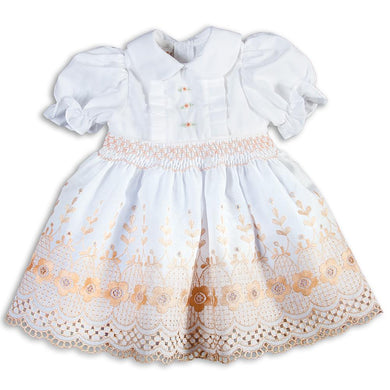 White Beige Floral Lace Smocked Doll Dress 5511 DD BEI