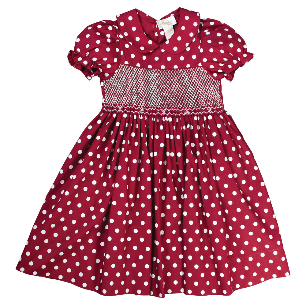 Maroon and White Polka Dot English Smocked Dress 15F 5567 D