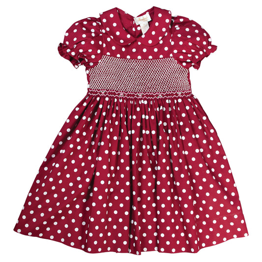 Maroon and White Polka Dot English Smocked Dress 15F 5567 D